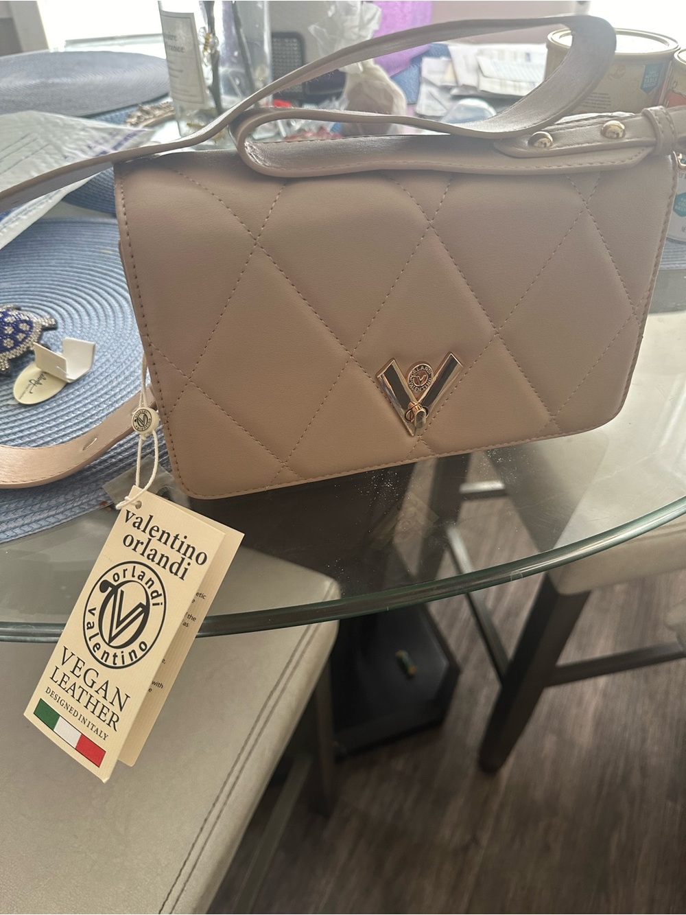 Valentino Orlandi Quilted Taupe Crossbody Bag with V Logo